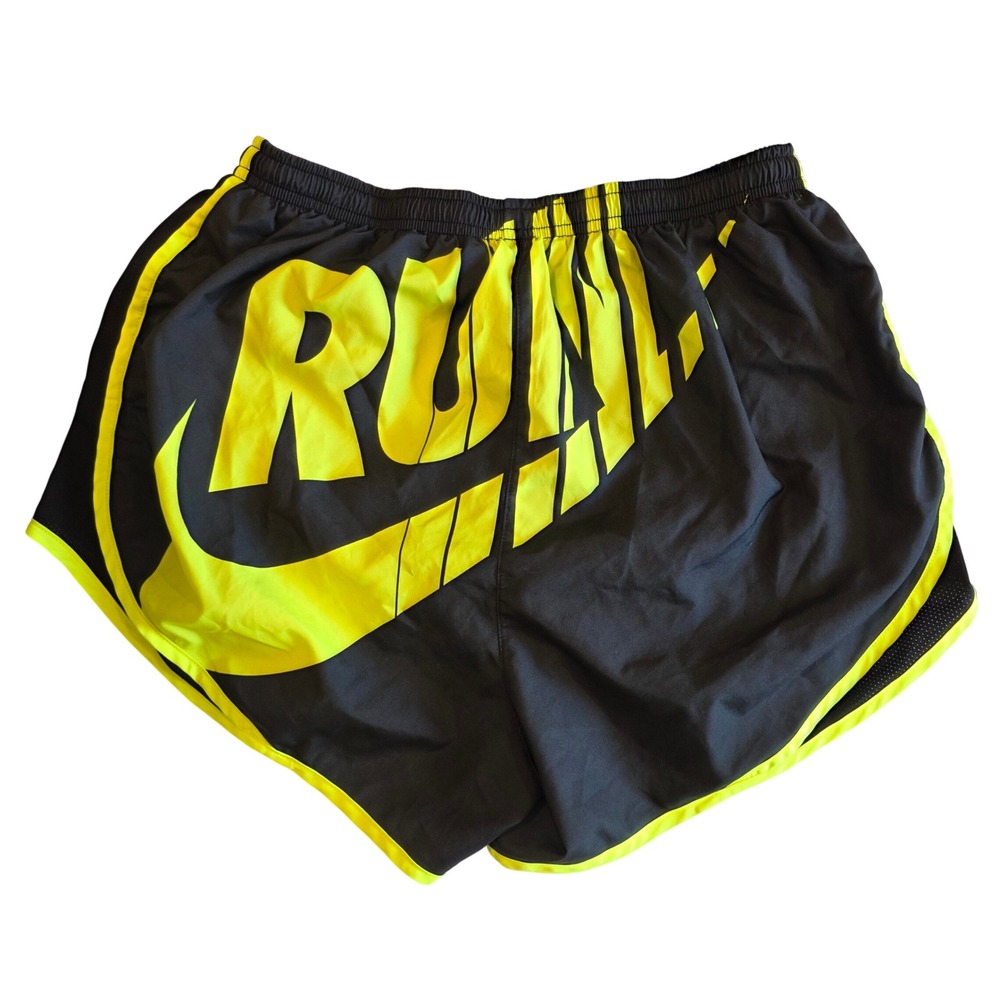 Nike Dri-FIT Running Shorts Mens Medium Black Neon Yellow Graphic Run Swoosh